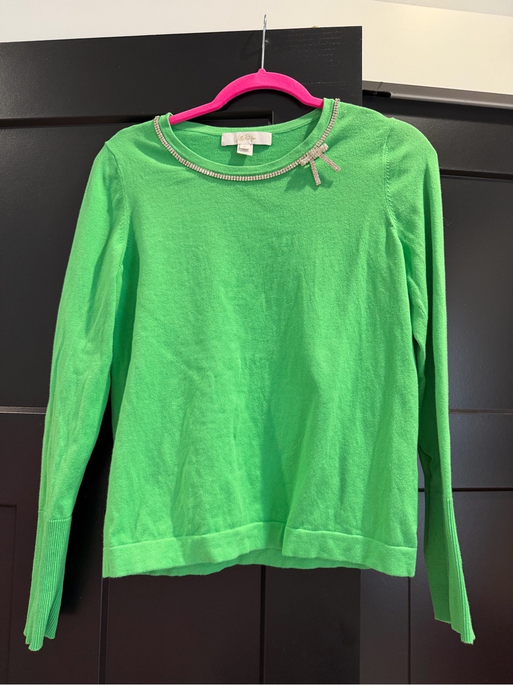 Lilly Pulitzer Lime Green Crew Neck Sweater with Rhinestone Bow